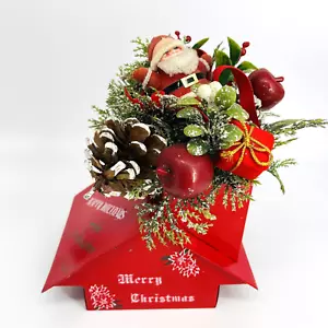 VINTAGE MERRY CHRISTMAS RED CENTERPIECE W.PLASTIC GREENERY-GIFTS & FLOCKED SANTA - Picture 1 of 12