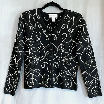 Cárdigan Suéter Vintage Rena Rowan Petites Lana Negro con Costuras Crema Largo Slv Foto 1 de 4