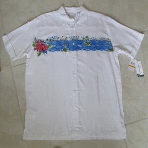 NEW Cubavera Textured Tropical Scenic Print on Chest Camp Shirt Mens Small White - Bild 1 von 5