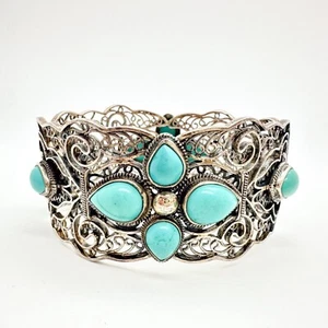 BJ Turquoise Sterling Silver 925 Hinged Bangle Bracelet Hidden Clasp Filigree - Picture 1 of 12