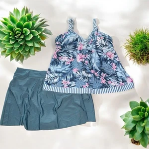 Multi-color Printed Tankini Swimsuit With Slit Skirt Large Green Floral - Picture 1 of 10