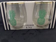 Crown & Ivy Stemless Wine Glasses W/ Green Pineapple