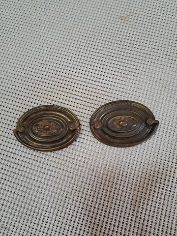 2-Antique Steel Drawer Pulls dresser Handle Drop Bail~ 3  1/8" X 2  1/4" Floral Cover