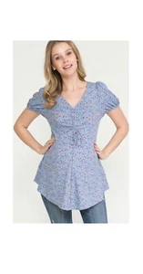 FLORAL PATTERN FRONT RUCHED PUFF SLEEVE MATERNITY TOP - Picture 1 of 4