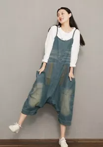 Damen Denim Drop Crotch Harem Hosenträger Overalls - Einheitsgröße - Bild 1 von 2