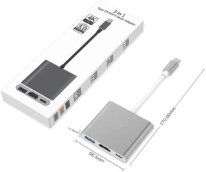 3 IN 1 TYPE C 4K HDTV MULTI-ADAPTER USB 3.0 TYPE C TO HDMI Black/Silver FREE S/H - Picture 1 of 7