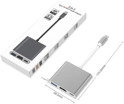 3 IN 1 TYPE C 4K HDTV MULTI-ADAPTER USB 3.0 TYPE C TO HDMI Black/Silver FREE S/H - Image 1 of 4