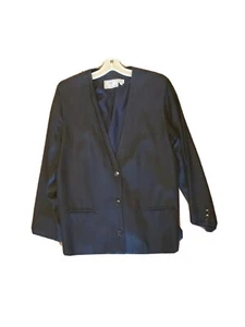 Silk Collarless Blazer Vtg 80s Black 100% 16 shoulder pads CHR Bloomingdales - Picture 1 of 2