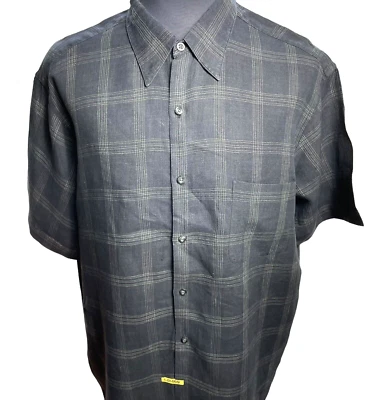 Tasso Elba Linen Dress Shirt Men XXL Short sleeve Linen Black and cream plaid - Image 1 of 4