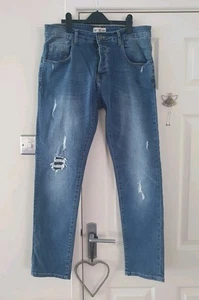 Mens Size 36W Regular 'Police' Moriarty Slim Leg Blue Stretch Jeans - Picture 1 of 10