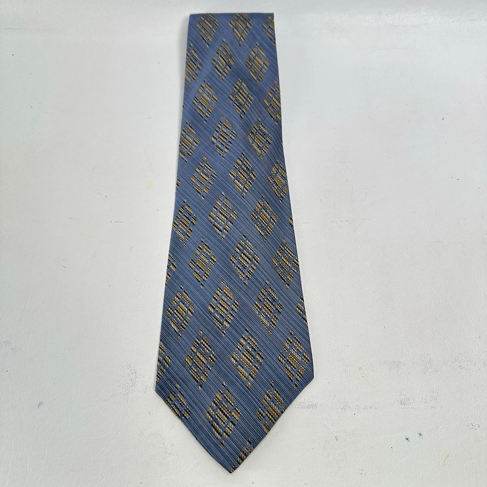 Винтажный мужской галстук Leonardo 57 из итальянского шелка синего золота диагональ в полоску широкий - Изображение 1 из 4