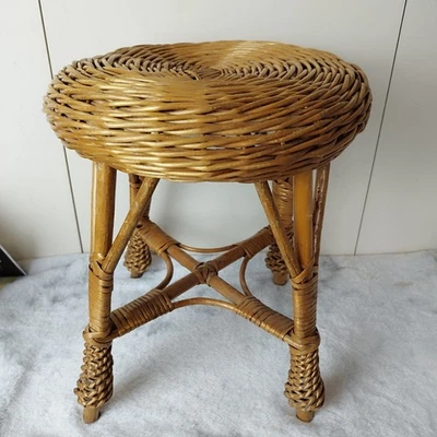 Wicker Cane Stool Round Small 14" Tall Plant Stand Vintage Handmade Wooden  - Image 1 of 4