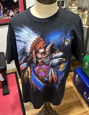 T-shirt uomo vintage 1993 Sturgis nativi americani indiani lupo motociclista emblema 3D 2X - Immagine 1 di 4