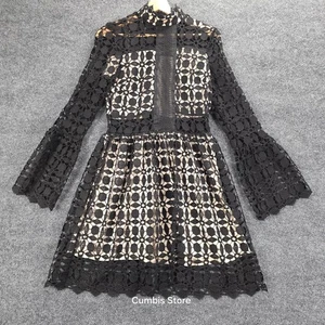 EillyBazar Dress Womens Medium Black Crochet High Neck Bell Sleeve Mini Cocktail - Picture 1 of 13