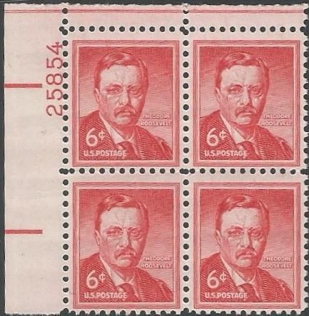 Plate Block of 4 stamps - Scott 1039a - 6 cent - Theodore Roosevelt - 1955 - MNH - Image 1 of 1