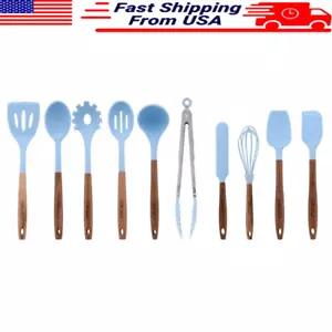 Silicone Acacia Wood Handle Cooking Utensils Set 10-Piece Blue Pioneer Woman New - Picture 1 of 15
