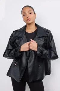 Women's Casual Oversized Leather Look /PU Double Breasted Short Trench Coat/MAC. - Picture 1 of 15