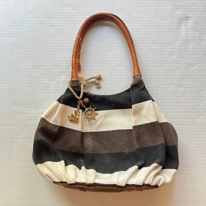 Brighton Nautical Canvas Hand Bag Purse Striped Brown White Black Charm Sailboat - Picture 1 of 12