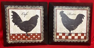 Set of 2 Cafe Bistro Hen Rooster Wall Art VTG Polka Dot Gingham Country Kitchen - Picture 1 of 2