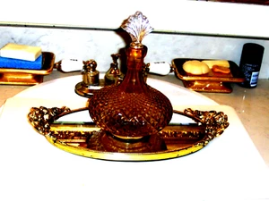 Vintage Italy Amber Glass Perfume Bottle Crystal Lid Geometric Italy Pattern - Picture 1 of 11