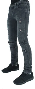 Men's Black Biker Denim King Slim Fit Ripped Jeans with Zips - Designer Frayed - Picture 1 of 4