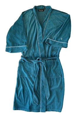 Bata de colección Pierre Cardin verde azulado para fumar S/M bolsillos para cinturón años 70 corta Foto 1 de 4