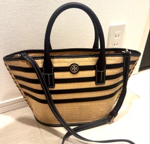 Tory Burch 2way basket bag tote bag straw leather beige x black genuine - Picture 1 of 9