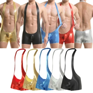 Mens Faux Leather Jockstrap Leotard Wrestling Singlet Bodysuit Backless Clubwear - Picture 1 of 57
