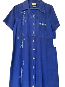 Blue Cactus Denim Painted Short Sleeve Button Down Maxi Dress Lg - Picture 1 of 9