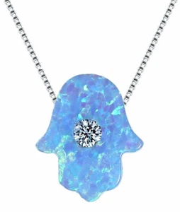 BLUE OPAL HAMSA WITH WHITE CRYSTAL NECKLACE - Protection - 925 Sterling Silver - Picture 1 of 1