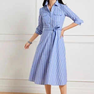 Talbots Classic A-Line Long Sleeve Shirt Dress Blue White Stripe SZ 12P - Picture 1 of 15