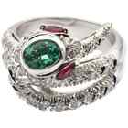 935 Real Silver Snake Ring With A Oval Emerald, Two Marquise Rubies And White Cz