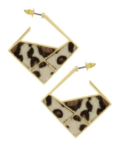NEW Gold Tone Geometric Square Diamond Shape Leopard Spots Pattern Earrings - Picture 1 of 1