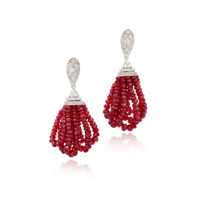 Featuring Detachable Ruby Bead Tassels With Lab-Created Diamond Antique Earrings - Image 1 of 4