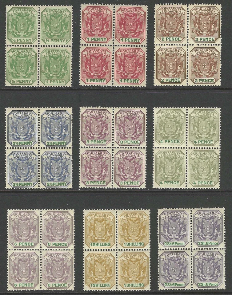 Transvaal, 1896, Scott #166-174, bloques de 4, como nuevo, nunca montado Foto 1 de 1