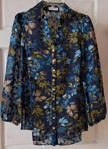 Susan Graver Petite Sheer Flowers Button-Front Shirt Long Sleeves Size XS BLUE - Bild 1 von 2