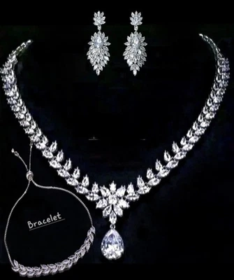 Набор гламурных свадебных украшений с покрытием из платины 18 карат созданная в лаборатории капля воды Swarovski - Изображение 1 из 4