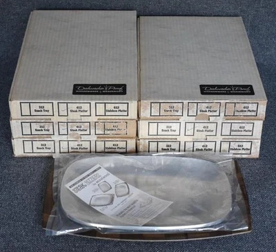 RARE S/6 NRFB WEAVEWOOD WOODENWARE #412 ALUMINUM STEAK PLATTER WOVEN WALNUT TRAY - Image 1 of 4