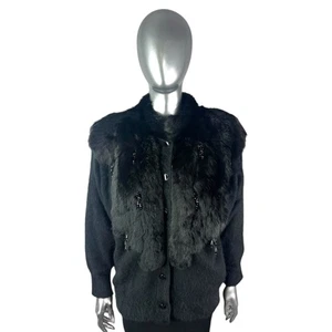 Black ANGORA & LAMBSWOOL Sweater w/RABBIT Trim and Beads, Sz M, w/Storage Bag - Picture 1 of 9