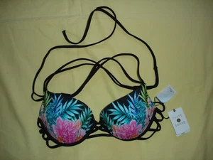NWT Shade & Shore Black Tropical Floral Flowers Push Up Halter Bikini Top 36B - Picture 1 of 10