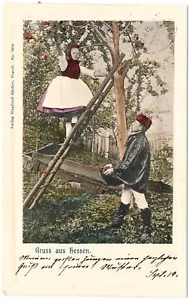 Gruss Aus Hessen-Paar Apfelpflücken-Verlag Siegfried Backer,Kassel-1903 - Bild 1 von 2