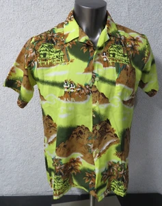 Chemise hawaïenne vintage collection romani bouton devant M Hula Volcans jaune - Photo 1/9