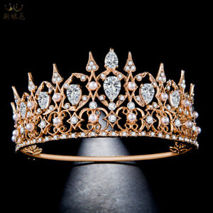 4.5cm Tall CZ Crystal Gold Hair Bun Wedding Queen Princess Prom Round Crown