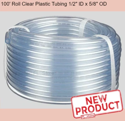 1/2 Inch  ID x 5/8 In OD Clear Plastic Tubing Flexible 100 Feet Roll Tube NEW - Image 1 of 4