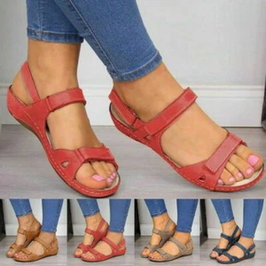 Womens Toe Ankle Strap Wide Fit Flat Sandals Lady Summer Beach Peep Shoes Size - Picture 1 of 16