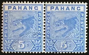 Malaya 1893 Pahang Tiger 5c pair Fine Used SG#13 M2437 - Picture 1 of 3