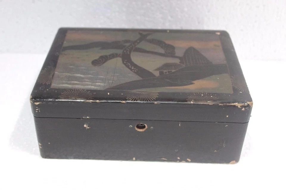Caja negra de madera antigua rara antigua vintage decoración del hogar coleccionable Foto 1 de 4
