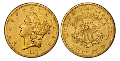 1858-S AV $20, Double Eagle. PCGS XF45.San Francisco No motto KM 74.1 Cover