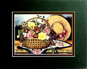 COUNTRY BASKET PICTURE COUNTRY FLORA LSTRAW HAT MATTED PRINT UNFRAMED 8X10 - Picture 1 of 1