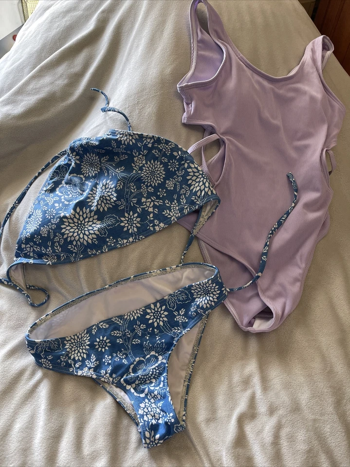 Billabong Girls Blue Floral High Neck Bikini & Shein Lavender one-piece Size 10 - Image 1 of 4